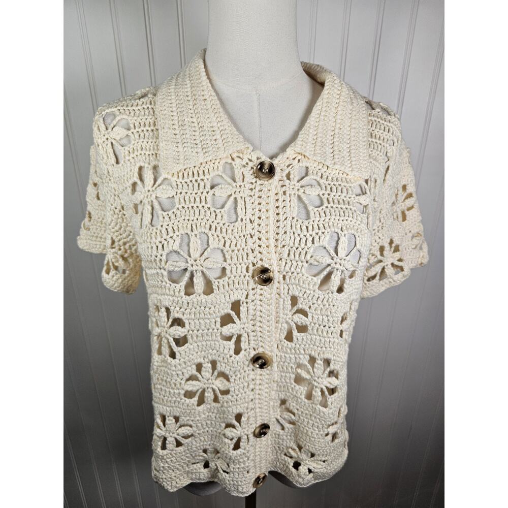 Miracle Floral Cream Crocheted Button Up Sweater Women's M/L Bohemian Festival - Picture 2 of 8
